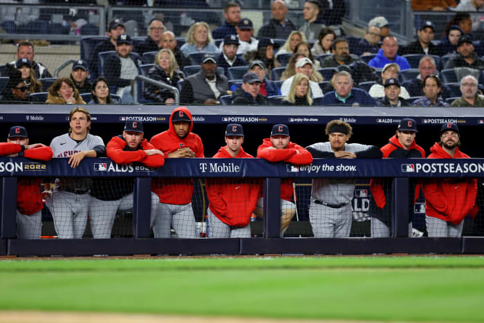 Oct 18, 2022; Bronx, New York, USA; The Cleveland Guardians watch their team play against the New York Yankees during the eighth inning in game five of the ALDS for the 2022 MLB Playoffs at Yankee Stadium. Mandatory Credit: Brad Penner-USA TODAY Sports